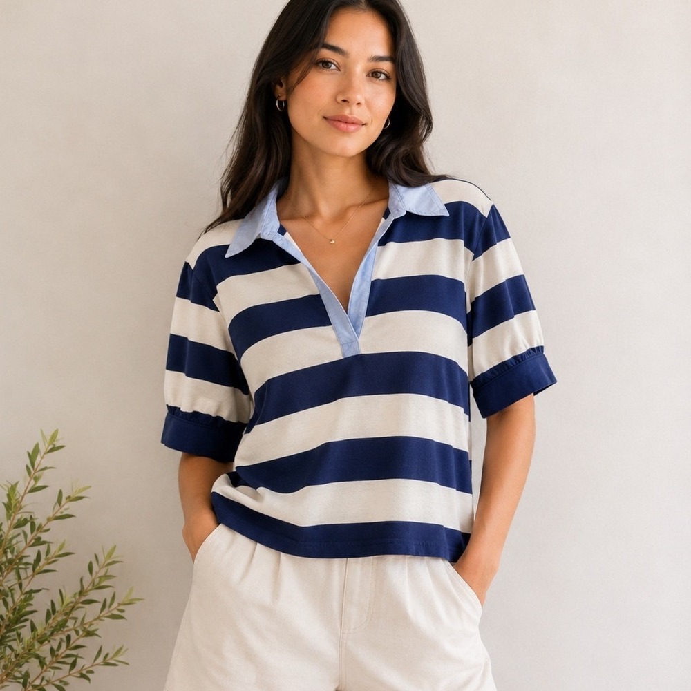 Maeve Navy and Cream Striped Polo Top